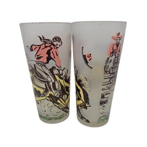 Vintage MCM Collins Bar Tumbler Glasses Bucking Bronco Cowboy Rodeo Hazel Atlas